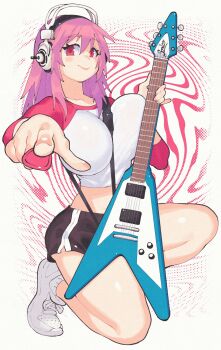 Rule 34 | 1girl, between breasts, black shorts, blush, breasts, closed mouth, cropped shirt, guitar, highres, holding, holding guitar, holding instrument, holding plectrum, inkerton-kun, instrument, large breasts, long hair, looking at viewer, nitroplus, pink hair, plectrum, raglan sleeves, red eyes, shoes, short shorts, short sleeves, shorts, smile, sneakers, socks, solo, strap between breasts, super sonico, white shoes, white socks