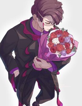 Rule 34 | 1boy, black coat, black pants, bouquet, coat, collared shirt, commentary request, corbeau (pokemon), flower, glasses, hand in pocket, highres, holding, holding bouquet, jinn kunnn, lapels, layered sleeves, looking to the side, male focus, necktie, nintendo, pants, parted hair, pokemon, pokemon legends: z-a, purple flower, purple hair, purple shirt, red flower, rose, round eyewear, shirt, shoes, simple background, solo, standing, tassel, watermark, white background, white flower, white necktie, wing collar