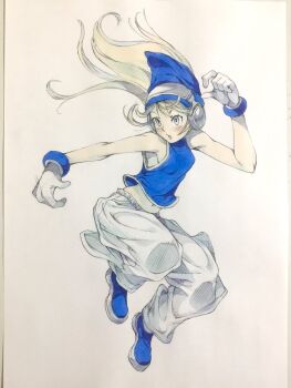 1girl baggy_pants blonde_hair blue_eyes blue_hat blue_shirt blue_shoes bracelet breasts commentary floating_hair full_body hand_up hat headphones highres jewelry jumping long_hair midriff_peek navel original pants peter_salt phrygian_cap puffy_pants shirt shoes sideboob sleeveless sleeveless_shirt small_breasts solo traditional_media white_background white_pants