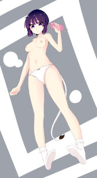 1girl alternate_hair_length alternate_hairstyle bad_id bad_pixiv_id blob blue_eyes blue_hair breasts doremy_sweet female_focus from_below full_body highres looking_at_viewer matching_hair/eyes navel nipples panties saple short_hair small_breasts socks solo tail tapir_tail topless_female touhou underwear wavy_mouth white_panties