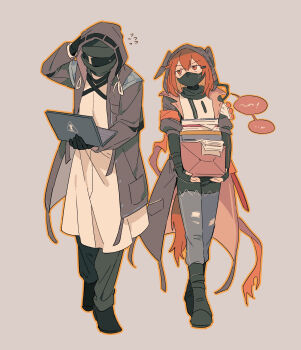 1girl 1other absurdres animal_hood arknights black_coat black_shoes chinese_commentary coat commentary_request computer crownslayer_(arknights) doctor_(arknights) dopperu_ben flying_sweatdrops full_body grey_background highres holding holding_laptop hood hooded_coat laptop mask mouth_mask orange_eyes orange_hair pants paper_stack shoes simple_background standing