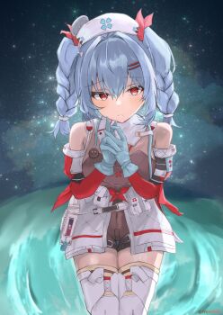1girl absurdres bare_shoulders blue_gloves blue_hair blush boots braid breasts colphne_(girls'_frontline_2) colphne_(silent_heart)_(girls'_frontline_2) commentary_request covered_navel frown girls'_frontline girls'_frontline_2:_exilium gloves hair_between_eyes hair_ornament hair_ribbon hairclip hands_up hat highres jacket medium_hair nurse_cap own_hands_together red_eyes red_ribbon ribbon sky small_breasts solo spxn7787 star_(sky) starry_sky thigh_boots thigh_gap thighs twin_braids twintails white_jacket