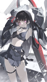 1girl 2ho absurdres black_bra black_choker black_hair black_jacket black_skirt bra breasts chisa_(wuthering_waves) choker collarbone commentary hair_ribbon highres jacket long_hair looking_at_viewer medium_breasts mole mole_under_eye no_shirt open_clothes open_jacket parted_lips pink_eyes red_ribbon ribbon skirt solo thigh_strap thighs underwear wuthering_waves