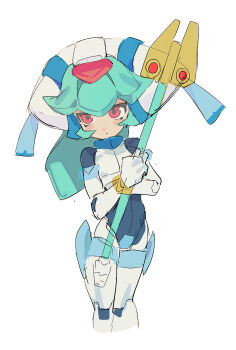 1girl armor cowboy_shot crotch_plate forehead_jewel green_eyes helmet highres holding holding_staff long_hair mayutsuba_mono mega_man_(series) mega_man_zx model_w_(mega_man) red_eyes simple_background solo staff white_armor white_background white_helmet