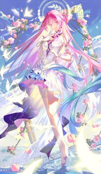 Rule 34 | 1girl, absurdres, aqua hair, bird, blue sky, breasts, chinese commentary, commentary request, cyrene (demiurge) (honkai: star rail), cyrene (honkai: star rail), diamond-shaped pupils, diamond (shape), dove, dress, earrings, falling petals, flower, halo, high heels, highres, honkai: star rail, honkai (series), jewelry, large breasts, long hair, multicolored hair, petals, pink flower, pink hair, pink petals, pink rose, purple eyes, rose, sky, smile, solo, symbol-shaped pupils, very long hair, white dress, white hair, yan yumo