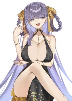 1girl :d absurdres arm_under_breasts bb_(fate) bb_dubai_(fate) belly_chain black_dress braid braided_hair_rings breasts center_opening chain cleavage cocktail_dress collared_halterneck crossed_legs dress fate/grand_order fate_(series) gold_chain hair_rings highres jewelry large_breasts long_hair looking_at_viewer nail_polish open_mouth purple_eyes purple_hair ribbon side_slit simple_background smile solo teeth tokoni_fusu tongue twin_braids upper_teeth_only very_long_hair white_background yellow_ribbon