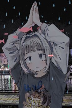 1girl animal_ears arms_up black_shirt blush cat_ears cat_girl commentary_request fish grey_eyes grey_hair grey_nails hair_intakes highres layered_sleeves original own_hands_together photo_background print_shirt shirt short_hair solo tongue tongue_out uo_yuo upper_body water_drop