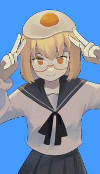 Rule 34 | 1girl, black neckerchief, black sailor collar, black skirt, blonde hair, double v, erufw, food, food on head, fried egg, glasses, highres, looking at viewer, neckerchief, object on head, orange eyes, red-framed eyewear, sailor collar, school uniform, shimeji simulation, shirt, short hair, simple background, skirt, smile, v, white shirt, yamashita majime