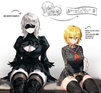 2b_(nier:automata) 2girls alternate_costume black_thighhighs blindfold blonde_hair bound bound_wrists breasts chibi choker cleavage cleavage_cutout clothing_cutout commentary don_quixote_(project_moon) english_commentary expressionless faust_(project_moon) feet_out_of_frame highres huge_breasts index_(identity)_(project_moon) large_breasts limbus_company looking_at_viewer messy_hair multiple_girls neckerchief nier:automata nier_(series) official_alternate_hairstyle pale_skin paulcamadonnas project_moon school_uniform simple_background sitting skirt thick_thighs thighhighs thighs white_background white_hair