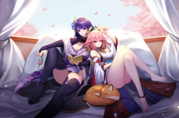 2girls absurdres animal_ears anklet bare_legs bare_shoulders barefoot black_thighhighs blunt_bangs book braid breasts cleavage closed_mouth commentary couch couple crossed_legs dango detached_sleeves english_commentary food fox_ears fox_girl fox_shadow_puppet full_body genshin_impact gradient_hair hair_between_eyes hair_ornament hand_up head_tilt headpiece highres holding holding_book holding_food huge_breasts japanese_clothes jewelry kimono leaning_back leaning_on_person leaning_to_the_side lingerie long_braid long_hair long_sleeves looking_at_viewer mole mole_under_eye multicolored_hair multiple_girls neck_ribbon on_couch open_book pink_hair purple_eyes purple_hair purple_kimono raiden_shogun red_ribbon ribbon single_braid sitting streaked_hair thick_thighs thighhighs thighs ukoo_(kv7863) underwear wagashi wide_sleeves yae_miko yuri