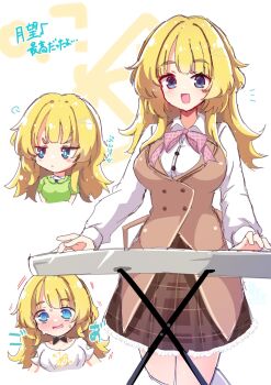 Rule 34 | 1girl, :d, @ @, blonde hair, blue eyes, blunt bangs, blush, bow, bowtie, breasts, brown skirt, brown vest, buttons, chibi, chibi inset, closed mouth, collared shirt, commentary, cowboy shot, double-breasted, embarrassed, frilled skirt, frills, green shirt, hair intakes, hair ornament, hairclip, hakutocake, happy, highres, instrument, keyboard (instrument), large breasts, limelight lemonade jam, long hair, long sleeves, looking at viewer, looking to the side, miniskirt, motion lines, nose blush, notice lines, open mouth, parallel hairclips, pink bow, pink bowtie, plaid bow, plaid bowtie, plaid clothes, plaid skirt, pout, puff of air, school uniform, shimakoshi tsukimi, shirt, short sleeves, sidelocks, simple background, skirt, smile, solo, sound effects, sweatdrop, t-shirt, thick eyebrows, translated, trembling, upper body, v-shaped eyebrows, vest, white background, white shirt