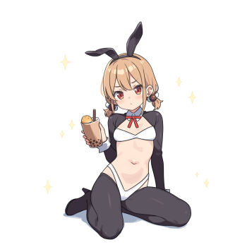1girl animal_ears black_hairband breasts brown_hair bubble_tea closed_mouth commentary_request cup disposable_cup drinking_straw fake_animal_ears full_body hair_bobbles hair_ornament hairband hatsunatsu high_heels holding holding_cup looking_at_viewer low_twintails navel rabbit_ears red_eyes reverse_bunnysuit reverse_outfit shadow short_twintails simple_background small_breasts solo sparkle twintails v-shaped_eyebrows white_background xiaoyuan_(you_can_eat_the_girl) you_can_eat_the_girl