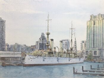 atelier_bono blue_sky cloud cloudy_sky commentary_request cruiser dock highres independence_seaport_museum ironclad mast military_vehicle museum no_humans original painting_(medium) pennsylvania philadelphia port scenery ship ship_turret sky smokestack submarine traditional_media uss_becuna_(ss-319) uss_olympia_(c-6) vehicle_focus warship watercolor_(medium) watercraft