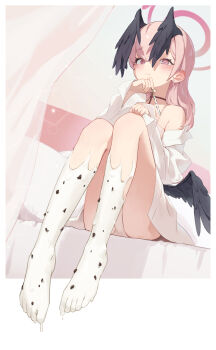 1girl absurdres bamyamsj barefoot bed black_wings blue_archive candy chocolate chocolate_on_body chocolate_on_foot chocolate_on_legs commentary feathered_wings feet food food_on_body furrowed_brow hair_down halo head_wings headboard highres holding holding_candy holding_food knees_to_chest koharu_(blue_archive) long_sleeves looking_at_viewer low_wings off_shoulder panties pillow pink_eyes pink_hair pink_halo pocky red_halo shirt sitting solo thighs toes underwear white_shirt wings