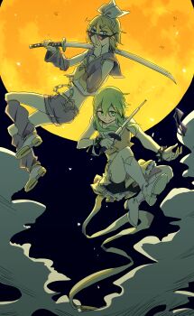 2girls adjusting_eyewear baton_(weapon) bike_shorts black_leg_warmers black_sailor_collar black_shorts boots bracelet commentary_request cropped_shirt expandable_baton full_moon green_eyes green_hair green_vest gumi hair_between_eyes hand_on_eyewear hand_up hands_up highres holding holding_baton holding_sword holding_weapon jewelry kagamine_rin katana leg_warmers medium_hair moon multiple_girls neckerchief sailor_collar shirt shoes shorts sidelocks spiked_bracelet spikes sunglasses sword triangle_eyewear vest vocaloid weapon white_boots white_shirt white_shoes wounds404 yellow_moon yellow_neckerchief
