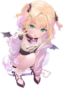 1girl absurdres black_bow black_corset black_gloves blonde_hair blush bow bow_earrings breasts closed_mouth collared_shirt colored_inner_hair commentary corset demon_wings earrings fingernails footwear_ribbon gloves green_eyes hair_bow hair_intakes hair_ornament hairclip heart heart_collar heart_earrings heart_hair_ornament highres hood hoodie jewelry kurumi_noah kurumi_noah_(3rd_costume) large_breasts long_sleeves looking_at_viewer medium_hair multicolored_hair nail_polish neck_ribbon pink_bow pink_hair pink_hoodie pink_nails pink_ribbon pink_shoes pink_skirt ribbon see-through_clothes see-through_skirt shinomiya_ino shirt shoes simple_background skirt sleeveless sleeveless_shirt socks solo squatting striped_ribbon thighs tongue tongue_out two-sided_bow two-tone_bow two-tone_hair two_side_up v virtual_youtuber vspo! white_background white_shirt white_socks wings