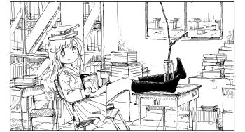 Rule 34 | 1girl, alternate costume, blush, book, book stack, bookshelf, chair, female focus, greyscale, highres, indoors, kneehighs, legs up, long hair, looking at viewer, monochrome, parted lips, pleated skirt, school uniform, shimeji simulation, sitting, skirt, smile, socks, solo, tsukumizu yuu, window, yomikawa (shimeji simulation)