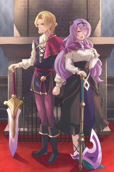 1boy 1girl aged_down ascot axe battle_axe black_boots black_shoes black_skirt blonde_hair boots brother_and_sister camilla_(fire_emblem) camilla_(young_beauty)_(fire_emblem) capelet closed_mouth fire_emblem fire_emblem_fates fire_emblem_heroes full_body hair_over_one_eye half-siblings highres holding holding_axe holding_sword holding_weapon indoors long_hair long_skirt nintendo official_alternate_costume one_eye_covered open_mouth orange_eyes purple_eyes purple_hair red_capelet riou_(pooh920) serious shirt shoes short_hair siblings skirt sword tiara v-shaped_eyebrows weapon white_ascot white_shirt xander_(fire_emblem) xander_(focused_firstborn)_(fire_emblem)