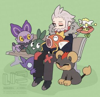 1boy beard bench black_jacket black_pants black_shoes closed_eyes commentary facial_hair flabebe flabebe_(red_flower) floating flower fur-trimmed_hood fur_trim gen_1_pokemon gen_3_pokemon gen_5_pokemon gen_6_pokemon grey_eyes grey_fur grey_hair highres hood hooded_jacket hugging_another&#039;s_leg iccoco jacket l_(pokemon) litleo looking_at_another looking_down lysandre_(pokemon) magikarp male_focus nintendo noibat on_lap one_eye_closed open_mouth pants patchwork_clothes pokemon pokemon_legends:_z-a red_flower sableye shoes sitting smile solo trubbish watermark yellow_eyes