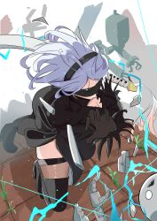 Rule 34 | 2b (nier:automata), 8sjqzhap4pupzkc, absurdres, black blindfold, black hairband, blindfold, boots, covered eyes, feather-trimmed sleeves, feather trim, hairband, highres, nier:automata, nier (series), robot, sword, thighhighs, thighhighs under boots, virtuous contract, weapon