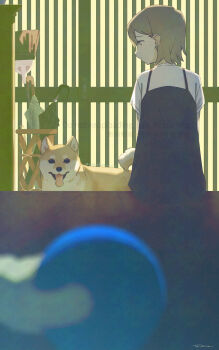 1girl absurdres adversarial_noise black_dress broom brown_eyes brown_hair commentary_request dog dress english_text film_grain from_behind hair_between_eyes highres indoors looking_at_animal mixed-language_text original sankakkee shiba_inu shirt short_hair signature sitting solo spaghetti_strap umbrella watermark white_shirt