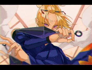 Rule 34 | 1girl, bangs pinned back, black kimono, blonde hair, commentary request, facial scar, folded ponytail, gintama, hadanugi dousa, highres, japanese clothes, kimono, kiseru, kunai, kunai hair ornament, moryo 2, nihongami, open kimono, scar, scar on cheek, scar on face, sleeveless, sleeveless kimono, smoking pipe, solo, tsukuyo (gintama), weapon