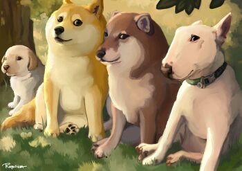 absurdres animal_focus artist_name black_eyes cheemsburger_(doge) commentary dog doge doggo_revolution english_commentary grass highres kabosu_(dog) looking_at_viewer no_humans original perro_(doge) sitting smile tree walter_(doge)