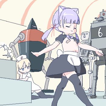 2girls animal_ear_hairband animal_ears apron arm_swinging bandaid bandaids_on_nipples black_skirt black_sleeves black_thighhighs blonde_hair blue_eyes blunt_bangs bow bowtie cat_ear_hairband cat_ears closed_eyes closed_mouth copyright_request dress electricity facing_ahead fake_animal_ears flat_chest hairband hat head_rest indoors kneeling lokulo-chan_(lokulo_no_mawashimono) lokulo_no_mawashimono loli long_hair looking_to_the_side low_twintails lowres machine multiple_girls nurse nurse_cap original pasties puffy_short_sleeves puffy_sleeves purple_bow purple_bowtie purple_hair robot short_dress short_sleeves shrug_(clothing) skirt smile tesla_coil thighhighs topless_female twintails waist_apron walking white_dress yurika_a_lutwidge_(lokulo_no_mawashimono)