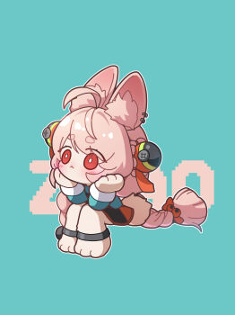 1girl :< absurdres ahoge animal_ear_fluff animal_ear_piercing animal_ears animal_feet anklet blush braid braided_twintails bright_pupils character_name chibi closed_mouth commentary elbows_on_knees english_commentary fake_animal_ears furry furry_female green_background green_shirt hair_ornament head_rest highres invisible_chair jewelry long_hair outline pink_fur pink_hair rabbit_ears rabbit_girl red_eyes screw shirt short_eyebrows sitting solo sphere_hair_ornament thick_eyebrows uz_(uzru0428) white_outline white_pupils zenless_zone_zero zhao_(zenless_zone_zero)