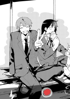 1boy 1girl ^_^ blazer closed_eyes collared_shirt commentary dress_shirt eating food futsuu_no_keion-bu greyscale grin hatono_chihiro highres holding holding_food jacket lapels long_sleeves medium_hair monochrome nanatsu_pa neck_ribbon necktie notched_lapels outstretched_arm pants pleated_skirt ribbon sandals school_uniform shirt short_hair sitting skirt slides small_pupils smile socks spot_color swept_bangs takami_kouki user_interface v winter_uniform