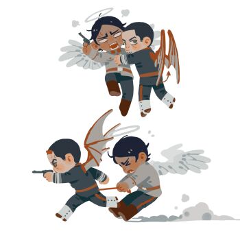 2boys angel_wings anger_vein angry black_eyes black_hair blank_eyes boots brown_footwear chengongzi123 closed_mouth colored_sclera commentary dark-skinned_male dark_skin deformed demon_boy demon_horns demon_tail demon_wings facial_hair facing_viewer feathered_wings flying full_body goatee_stubble golden_kamuy green_eyes grey_jacket grey_sclera grey_wings gun halo handgun highres holding holding_gun holding_weapon horns jacket koito_otonoshin long_sleeves looking_at_viewer looking_back male_focus military_uniform multiple_boys multiple_views open_mouth puff_of_air pulling revolver running short_hair simple_background stubble symbol-only_commentary tail tail_pull tsukishima_hajime very_short_hair weapon white_background wings