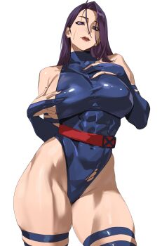 1girl absurdres belt blue_leotard breasts commentary_request covered_abs covered_erect_nipples covered_navel elbow_gloves gloves head_tilt highleg highleg_leotard highres huge_breasts leotard long_hair looking_at_viewer marvel muscular muscular_female partially_fingerless_gloves psylocke purple_eyes purple_hair red_belt sideboob simple_background sleeveless solo taiyang_yu thick_thighs thighs tight_clothes torn_clothes x-men
