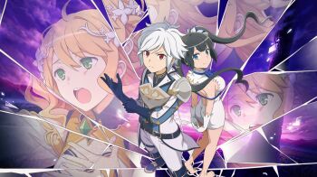 1boy 2girls :o adjusting_clothes adjusting_gloves anime_coloring armor arms_behind_back barefoot bell_cranel belt black_belt black_hair blue_boots blue_bow blue_bowtie blue_eyes blue_gloves blue_jacket blue_ribbon blunt_bangs boots bow bowtie breastplate breasts broken_glass closed_mouth danmachi_battle_chronicle dress dungeon_ni_deai_wo_motomeru_no_wa_machigatteiru_darou_ka game_cg glass gloves green_eyes hair_ornament harmonia_(danmachi) hestia_(danmachi) highres jacket long_hair looking_at_viewer medium_breasts microdress multicolored_jacket multiple_girls non-web_source official_alternate_costume official_art open_mouth orange_hair pants pauldrons pencil_dress red_eyes rei_no_himo ribbon serious short_hair shoulder_armor sidelocks single_pauldron sleeveless sleeveless_dress smile standing tight_clothes tight_dress twintails white_dress white_gloves white_hair white_jacket white_pants