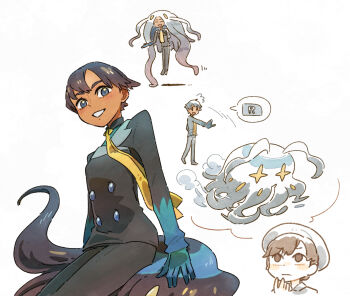 1boy 1girl alternate_hair_length alternate_hairstyle black_hair black_suit blue_eyes blue_gloves brown_hair dark-skinned_female dark_skin fakemon florian_(pokemon) formal_clothes geeta_(pokemon) gloves grin hat highres imagining living_hair long_hair long_sleeves looking_at_viewer multiple_views nintendo outstretched_hand pokemon pokemon_sv short_hair smile solo_focus speech_bubble spoken_letter suit thought_bubble very_long_hair white_background ziro_(daydozen)