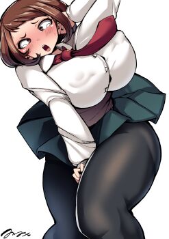 1girl alternate_breast_size_(larger) black_pantyhose boku_no_hero_academia breasts brown_eyes brown_hair collared_shirt green_skirt highres huge_breasts necktie pantyhose red_necktie school_uniform shiny_clothes shiny_legwear shirt short_hair simple_background skirt thick_thighs thighs u.a._school_uniform uraraka_ochako white_shirt wind yottan