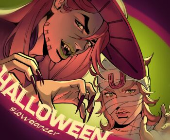 2boys adapted_costume bandages beard blonde_hair claw_pose commentary english_commentary facial_hair fangs fingernails gentleslowdance green_eyes green_lips gyro_zeppeli halloween halloween_costume happy_halloween hat highres horseshoe_ornament johnny_joestar jojo_no_kimyou_na_bouken long_fingernails long_hair looking_at_viewer makeup male_focus multiple_boys mummy_costume nail_polish open_mouth red_hair red_hat sharp_fingernails steel_ball_run stitches teeth vampire_costume