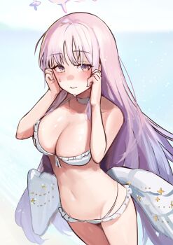 1girl bare_arms bare_shoulders beach bikini blue_archive blurry blurry_background blush breasts choker cleavage commentary_request cowboy_shot day frilled_bikini frills front-tie_bikini_top front-tie_top halo hands_on_own_cheeks hands_on_own_face hands_up highres large_breasts light_particles long_hair looking_at_viewer low_wings mika_(blue_archive) mika_(swimsuit)_(blue_archive) multi-strapped_bikini_bottom multicolored_eyes navel ocean official_alternate_costume outdoors parted_lips pink_hair pink_halo purple_eyes solo solokitsune standing stomach swimsuit very_long_hair wet white_bikini white_choker white_wings wings yellow_eyes
