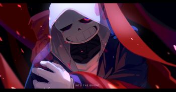 1other alternate_universe asaiiro black_sclera blood bloody_tears blue_hoodie colored_sclera commentary crying crying_with_eyes_open dappled_moonlight dusttale english_commentary english_text ghost grey_hood hand_on_another's_shoulder hand_on_own_shoulder highres hood hood_up hoodie letterboxed light_particles moonlight one-eyed one_eye_closed open_clothes open_hoodie red_eyes red_scarf sans_(undertale) scarf shirt skeleton streaming_tears tears upper_body white_shirt