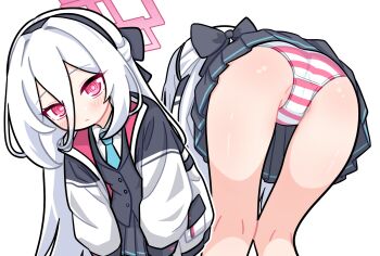 1girl ass bent_over black_bow black_hairband black_jacket black_skirt black_vest blue_archive blue_necktie blush bow closed_mouth collared_shirt dress_shirt feet_out_of_frame hair_between_eyes hair_bow hairband halo jacket kei_(blue_archive) kei_(student)_(blue_archive) kneepits loli long_hair long_sleeves looking_at_viewer miniskirt multiple_views necktie open_clothes open_jacket panties pink_eyes pink_halo pleated_skirt puffy_long_sleeves puffy_sleeves red_eyes scarfy_(scarfy_chang) shirt simple_background skirt striped_clothes striped_panties underwear very_long_hair vest white_background white_hair white_jacket white_shirt