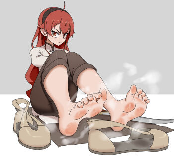 1girl absurdres barefoot eris_greyrat feet hairband highres long_hair looking_at_viewer mushoku_tensei paxa349 red_eyes red_hair shoes soles steam toes unworn_shoes