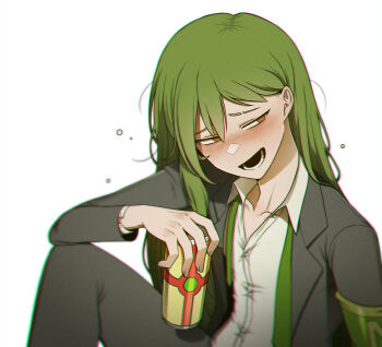 1boy alcohol armband black_jacket black_pants blush can collared_shirt drunk eyebrow_cut green_armband green_hair green_necktie hair_between_eyes highres holding holding_can jacket lobotomy_corporation long_hair long_sleeves male_focus misg1111 necktie netzach_(project_moon) open_mouth orange_eyes pants project_moon shirt simple_background solo undone_necktie white_background white_shirt