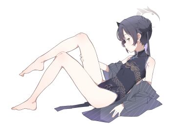 1girl absurdres bare_legs bare_shoulders barefoot black_dress black_hair blue_archive braid breasts butterfly_hair_ornament china_dress chinese_clothes coat double_bun dragon_print dress feet from_side full_body grey_coat grey_eyes hair_bun hair_ornament halo highres jacket kisaki_(blue_archive) legs loli long_hair looking_at_viewer off_shoulder pelvic_curtain pinstripe_pattern print_dress profile s10021 simple_background sleeveless sleeveless_dress small_breasts solo striped_clothes striped_coat toes twintails white_background