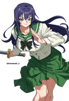 Rule 34 | 1girl, absurdres, artist name, bilingual commentary, black bow, black bowtie, blue eyes, bow, bowtie, breasts, bright pupils, busujima saeko, closed mouth, collarbone, commentary, feet out of frame, fujimi high school uniform, green sailor collar, green skirt, highres, highschool of the dead, holding, holding sword, holding weapon, katana, komatsuki n, long sleeves, looking at viewer, medium breasts, mixed-language commentary, pleated skirt, purple hair, sailor collar, school uniform, serafuku, shirt, simple background, skirt, smile, solo, sword, twitter username, weapon, white background, white pupils, white shirt
