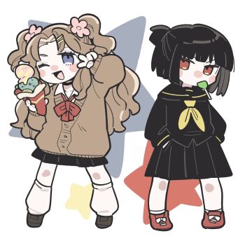 2girls black_hair black_serafuku blue_eyes bob_cut bow bowtie brown_cardigan brown_hair cardigan collared_shirt commentary_request flower full_body hair_ornament hairclip highres kojocho05 leg_warmers limbus_company mint_chocolate multiple_girls neckerchief one_eye_closed open_mouth parted_bangs pink_flower project_moon red_bow red_bowtie red_eyes rodion_(project_moon) ryoshu_(project_moon) school_uniform serafuku shirt short_hair sidelocks smile two_side_up white_leg_warmers white_shirt yellow_neckerchief