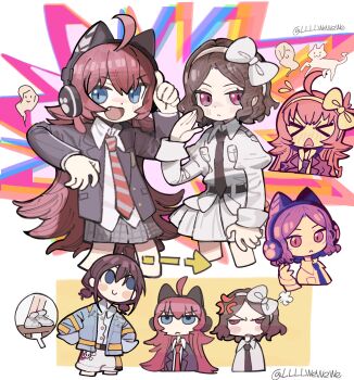 Rule 34 | > <, 3girls, absurdres, accessories switch, ahoge, anger vein, animal ear headphones, animal ears, arrow (symbol), bang dream!, bang dream! girls band party!, black necktie, blue eyes, blue jacket, blush, brown hair, closed mouth, commentary request, diagonal-striped clothes, diagonal-striped necktie, dress, ebizuka tomo, fake animal ears, fang, girls band cry, grey hair, grey skirt, headphones, height difference, highres, iseri nina, jacket, llllwewewe, long hair, long sleeves, low twintails, multiple girls, necktie, open clothes, open jacket, open mouth, pink eyes, pink hair, plaid clothes, plaid skirt, puff of air, red necktie, short hair, short twintails, shorts, skirt, striped clothes, tamade chiyu, trait connection, twintails, white dress, white shorts