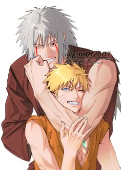 2boys arm_around_neck blonde_hair blue_eyes brown_shirt facial_mark gon012607 grey_hair grin hair_between_eyes headlock highres jiraiya_(naruto) long_hair male_focus multiple_boys naruto_(series) one_eye_closed orange_dougi shirt short_hair single_sleeve smile spiked_hair teeth twitter_username upper_body uzumaki_naruto whisker_markings white_background