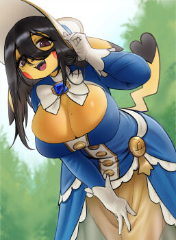 1girl animal_ears azuu_(azuucookie) black_hair blue_dress blue_sky blurry blurry_background bonnet breasts brown_eyes cleavage cleavage_cutout clothing_cutout cosplay_pikachu cowboy_shot day depth_of_field dress furry gen_1_pokemon gloves hair_between_eyes large_breasts leaning_forward long_hair looking_at_viewer looking_down mole mole_on_breast nintendo open_mouth pikachu pikachu_belle pokemon pokemon_(creature) sky smile solo standing teeth tongue upper_teeth_only white_gloves