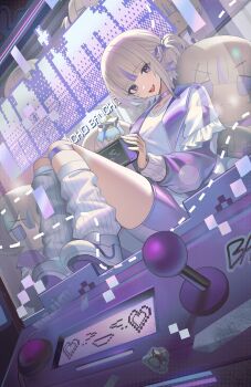 1girl absurdres asymmetrical_legwear banpen_(todoroki_hajime) blonde_hair blunt_bangs breasts character_doll character_name choker commentary controller crane_game doll dutch_angle fangs full_body handheld_game_console hashtag-only_commentary highres holding holding_handheld_game_console hololive hololive_dev_is in_crane_game jacket jeze joystick knee_strap leaning_back looking_at_viewer loose_socks multicolored_hair multicolored_jacket multicolored_shoes nintendo_switch open_clothes open_jacket open_mouth purple_choker purple_eyes purple_hair purple_jacket purple_shoes purple_shorts ribbed_socks shirt shoe_soles shoes short_hair shorts sitting small_breasts smile sneakers socks solo streaked_hair teeth todoroki_hajime todoroki_hajime_(1st_costume) two-tone_hair two-tone_jacket two-tone_shoes two-tone_shorts two_side_up upper_teeth_only virtual_youtuber white_jacket white_shirt white_shoes white_shorts white_socks