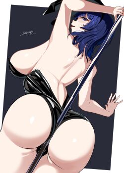 1girl absurdres animal_ears artist_name asaka_karin ass back bare_back between_buttocks black_leotard blue_eyes blue_hair breasts cleavage curvy fake_animal_ears highres huge_ass large_breasts leotard looking_at_viewer looking_back love_live! love_live!_nijigasaki_high_school_idol_club medium_hair open_mouth playboy_bunny pole rabbit_ears shoulder_blades sideboob tarakon thick_thighs thighs tongue tongue_out wide_hips