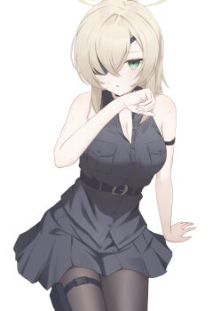 1girl absurdres arm_belt bare_shoulders belt black_choker black_pantyhose black_shirt black_skirt blonde_hair blue_archive breasts choker cleavage collared_shirt commentary cowboy_shot eyepatch green_eyes halo high_belt highres holster invisible_chair kotokoto_(pixiv_105451061) large_breasts looking_at_viewer medium_hair one_eye_covered pantyhose parted_lips pleated_skirt shirt simple_background sitting skirt sleeveless sleeveless_shirt solo suou_(blue_archive) sweat thigh_holster white_background yellow_halo